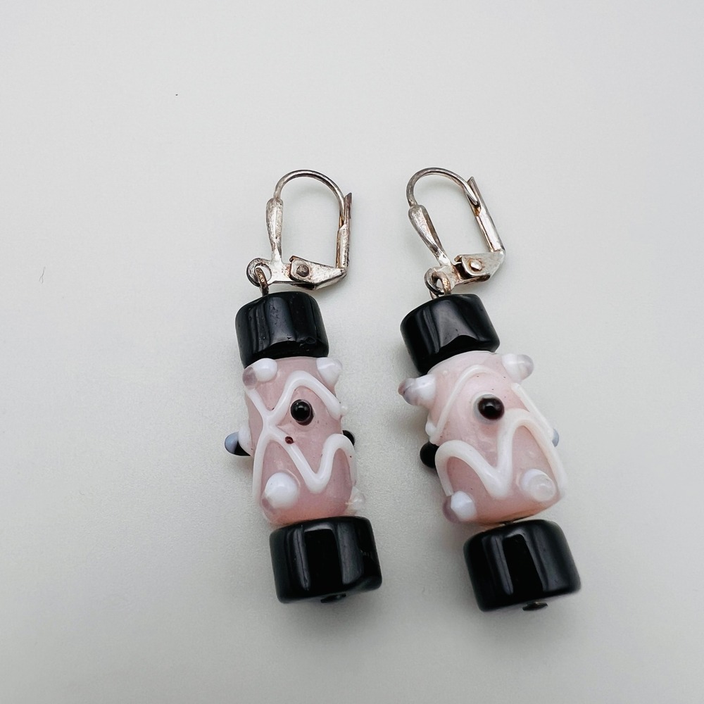 Art Glass Dangle Earrings Pink Black Lampwork Bead Leverback Handmade Artisan